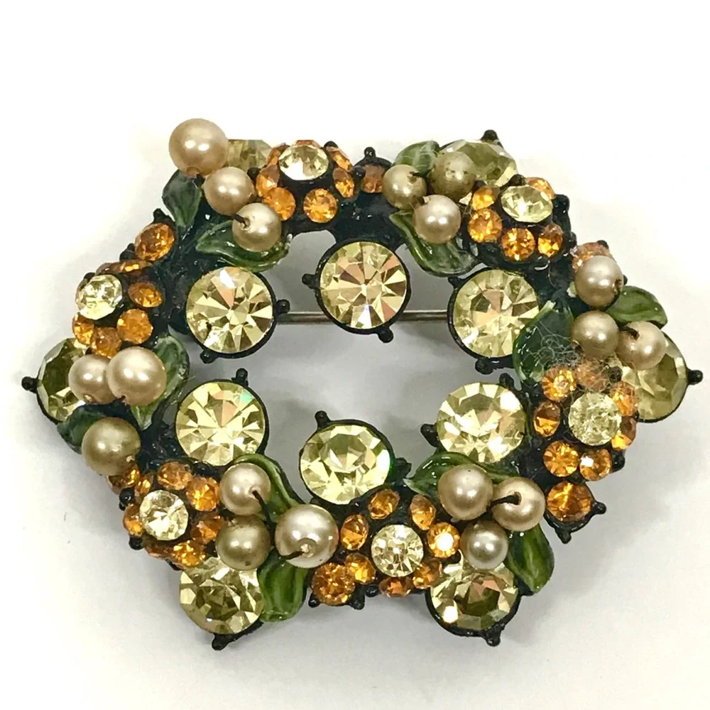 Vintage Rhinestone Brooch Flower Leaf Faux Pearl